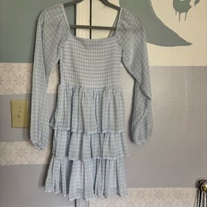 Smocked Square-Neck Midi Dress in Light Blue Gingham